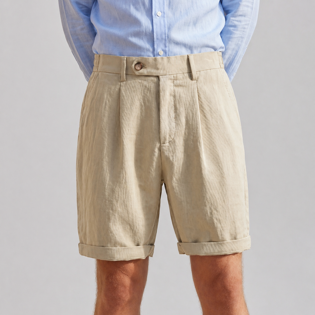 Pleated Front Linen Blend Shorts for Men – Elastic Waistband, Tailored Relaxed Fit