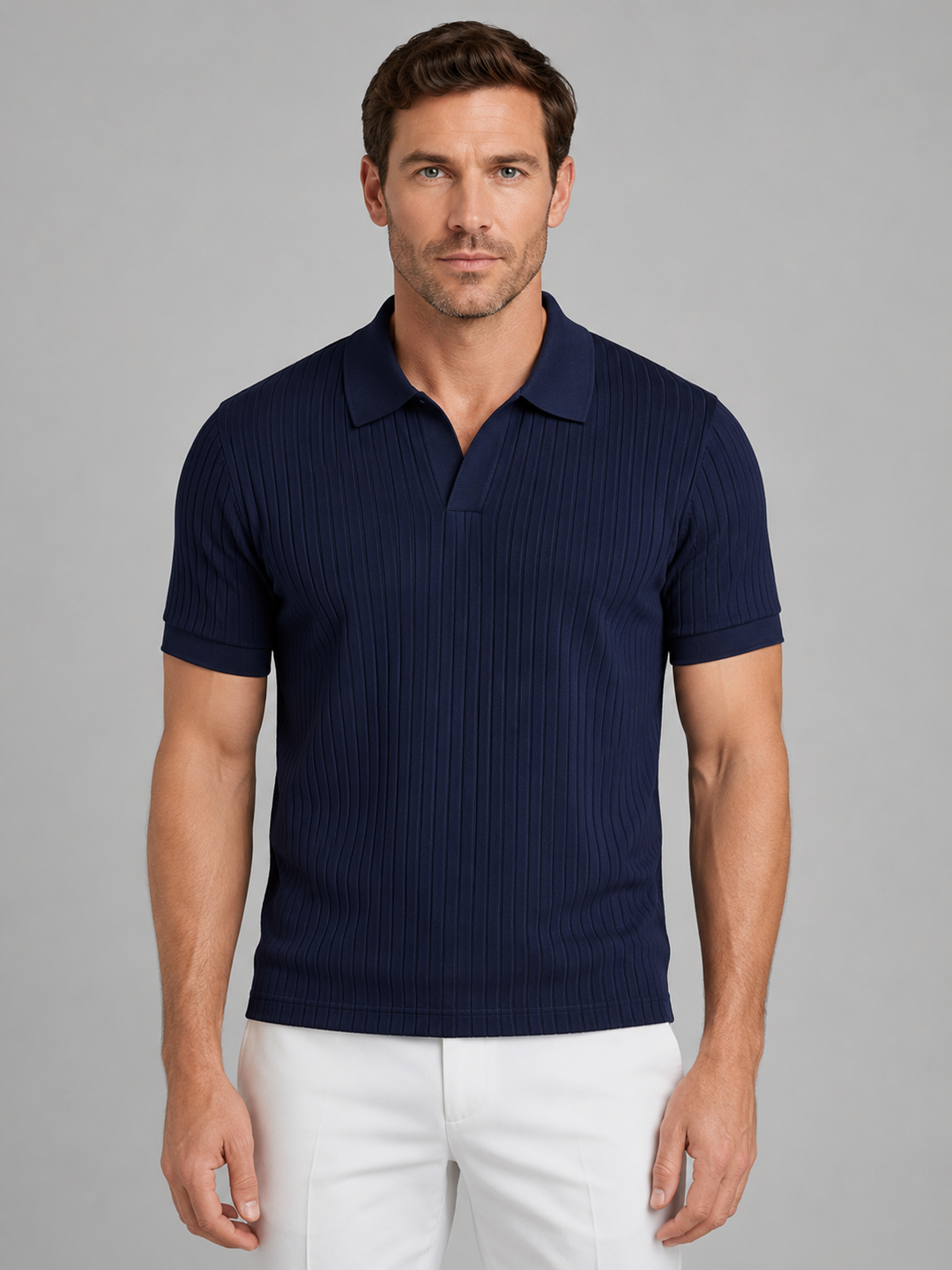 Ribbed Knit Polo Shirt for Men – Short Sleeves, Tailored Fit, Button Placket
