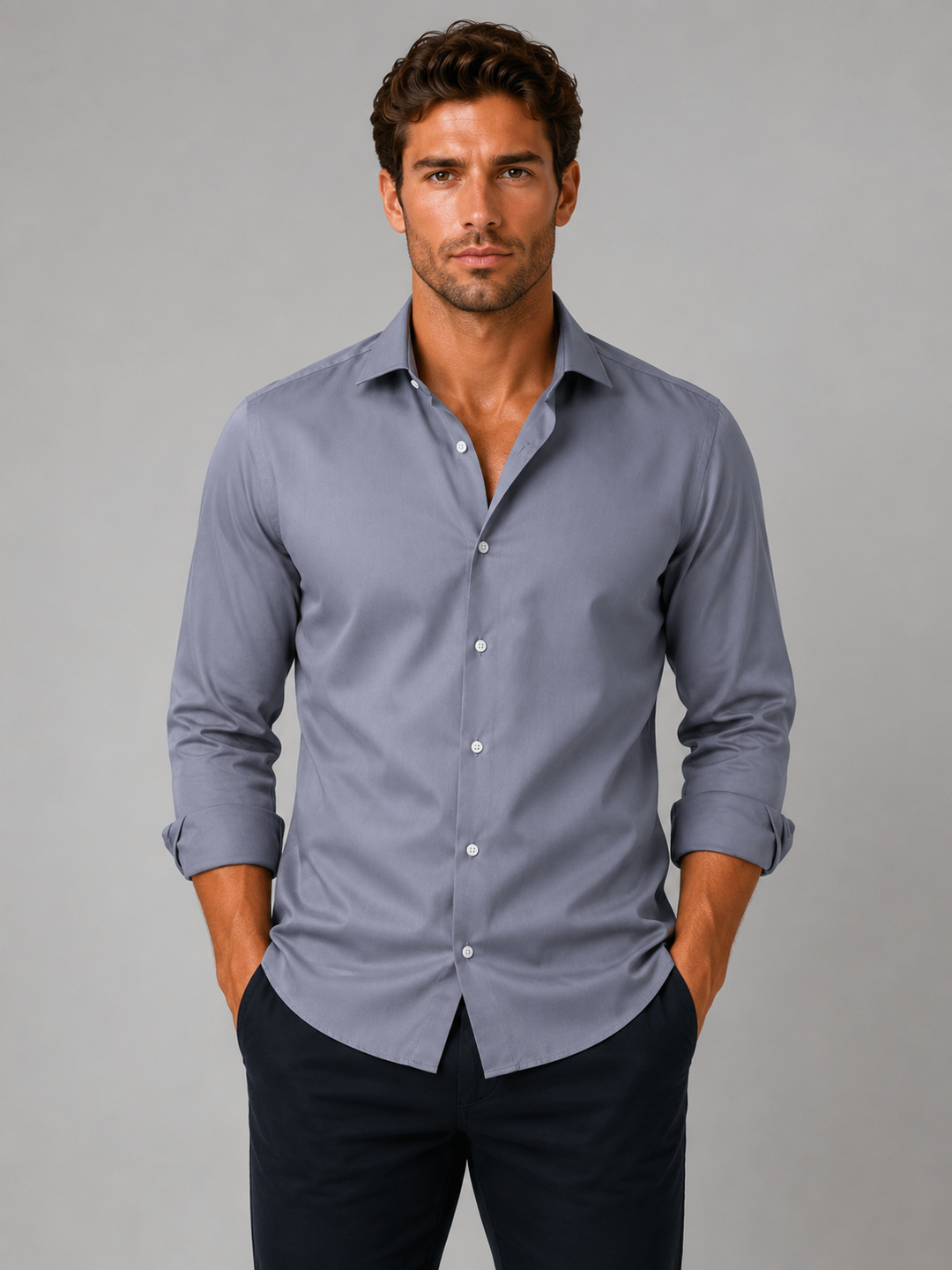 Slim-Fit Stretch Dress Shirt for Men – Button-Through Front, Structured Collar