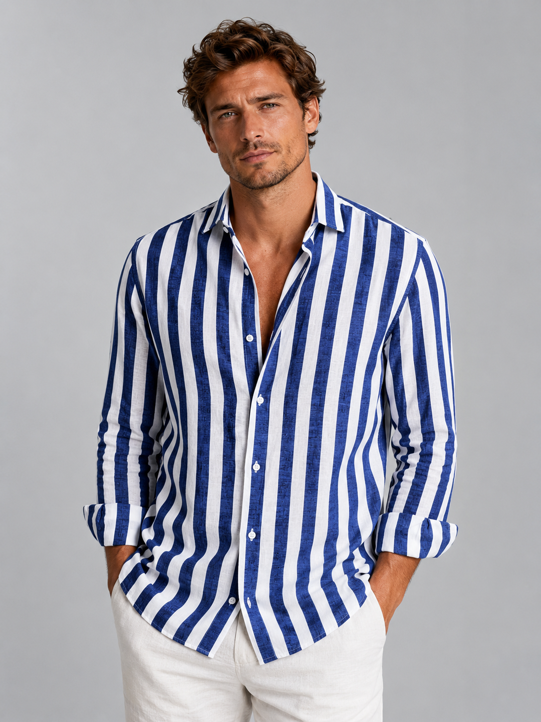 Vertical Stripe Linen-Look Button-Up Shirt for Men – Long Sleeves, Relaxed Fit