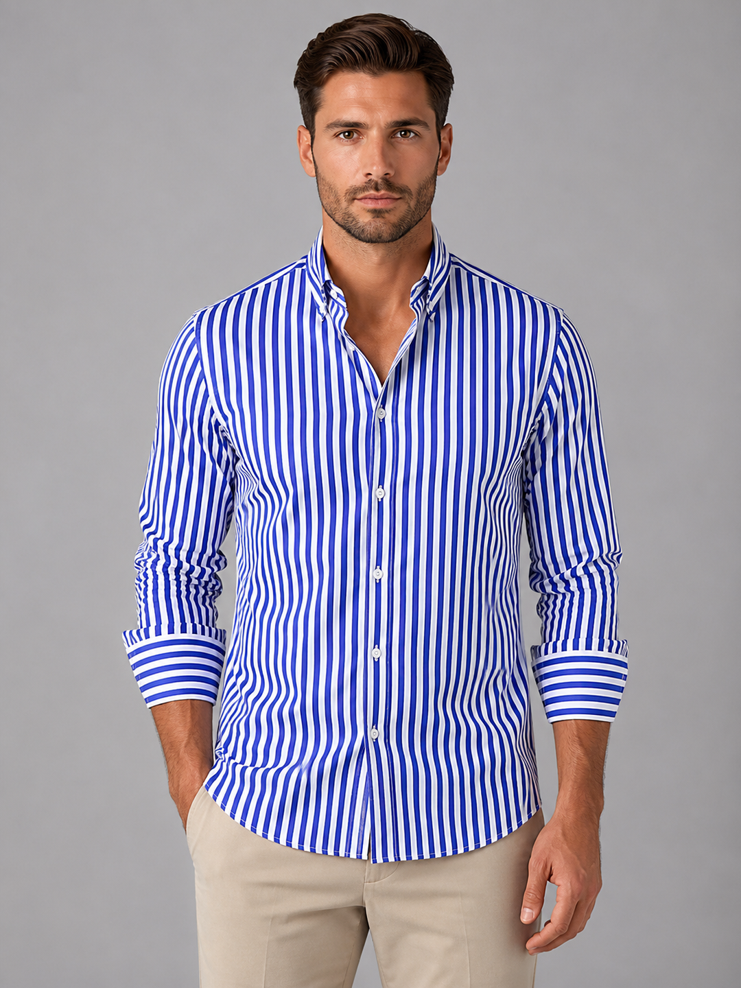 Vertical Stripe Button-Up Shirt for Men – Long Sleeves, Button Cuffs, Regular Fit