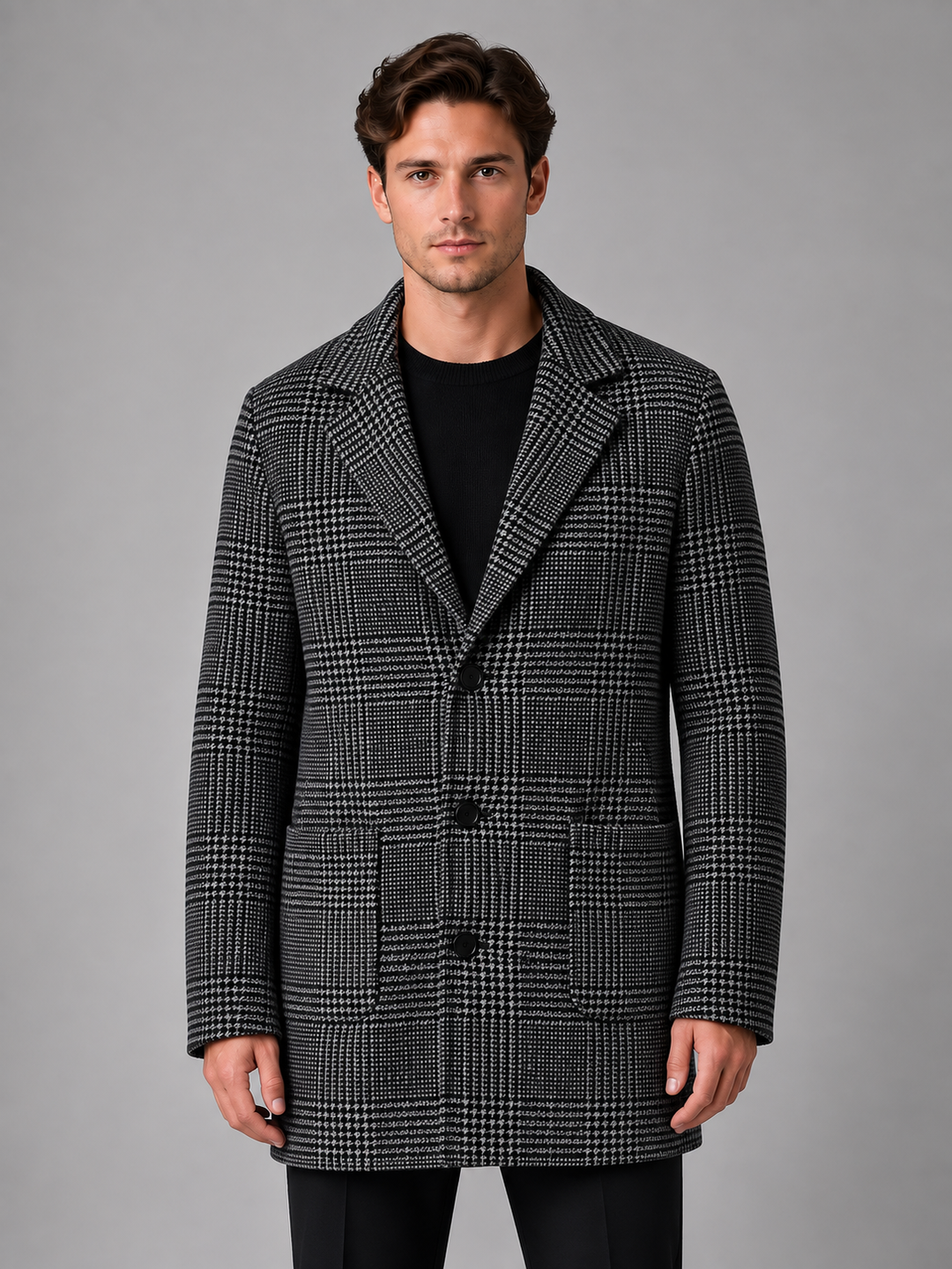 Checked Single-Breasted Longline Overcoat for Men – Notched Lapel, Side Pockets in Charcoal