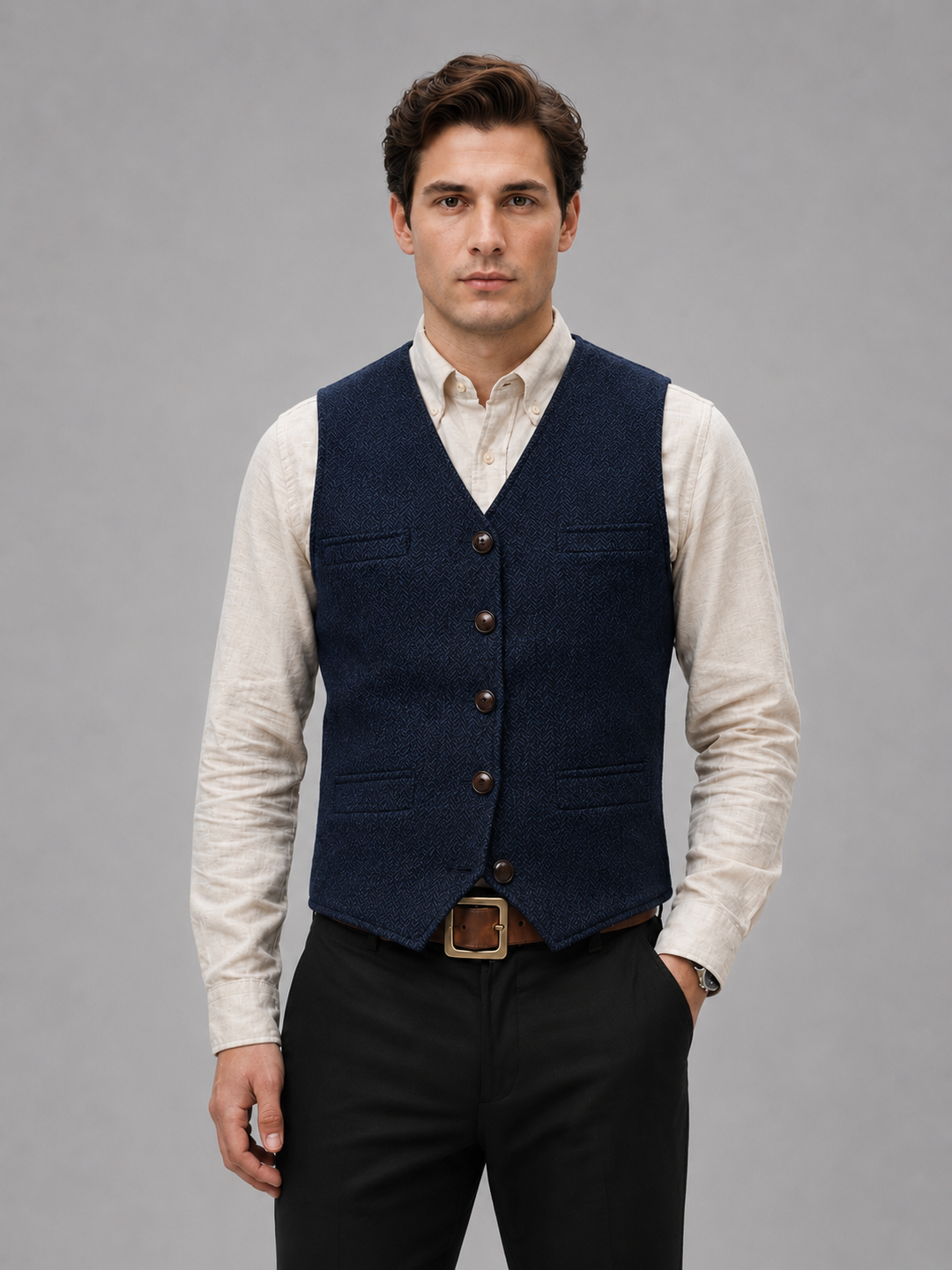 Tweed-Inspired Tailored Waistcoat for Men – Button Front, Textured Finish