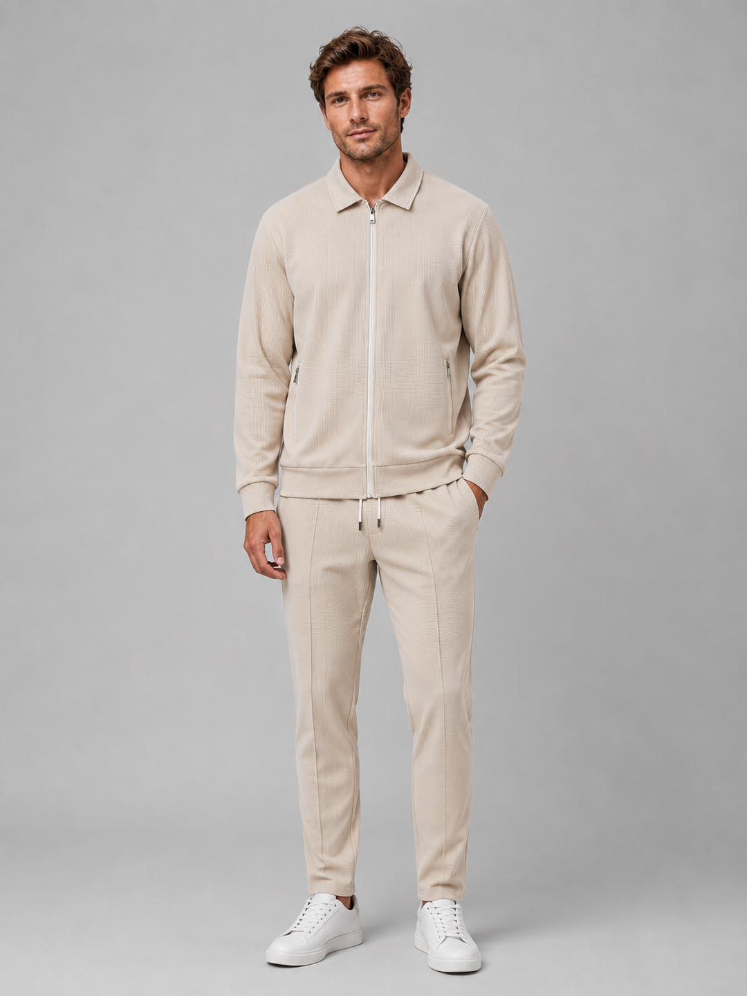 Men's Zip Jacket and Straight-Leg Pants Set – Textured Finish, Zipped Pockets