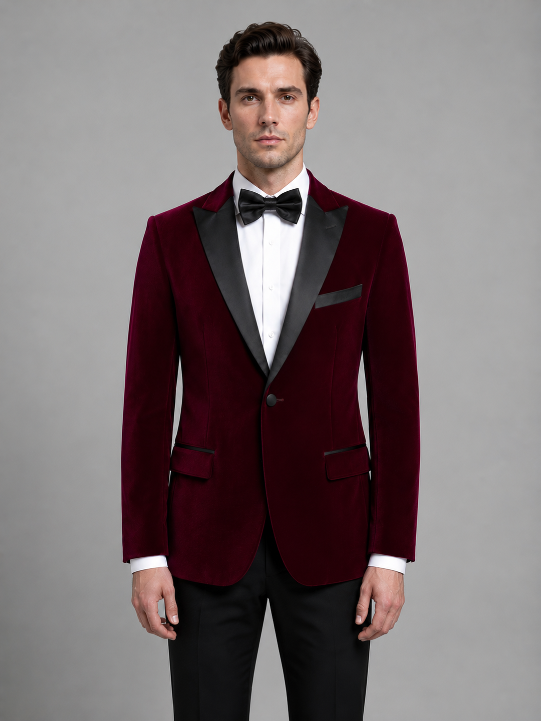 Velvet-Look Tuxedo Blazer for Men – Contrast Peak Lapels, Single Button in Red