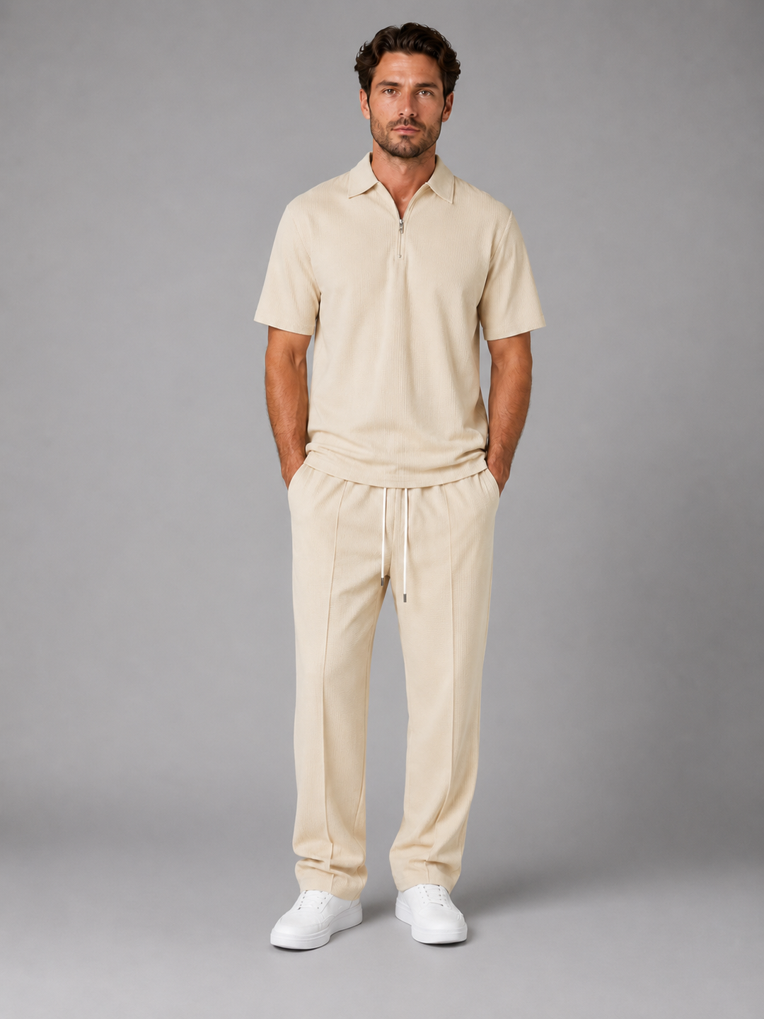 Waffle Knit Polo Shirt and Drawstring Pants Set for Men – Zip Neck, Two-Piece