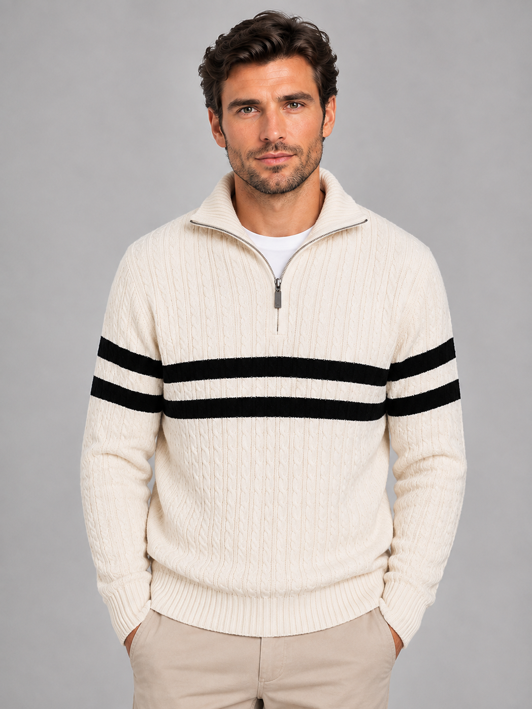 Wool-Blend Half-Zip Cable Knit Sweater for Men – Contrast Stripe, Ribbed Collar