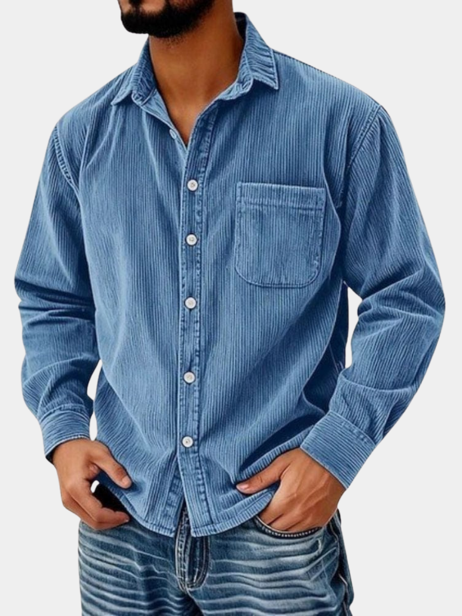 Ribbed Velvet Button-Front Shirt for Men – Relaxed Fit, Side Pockets