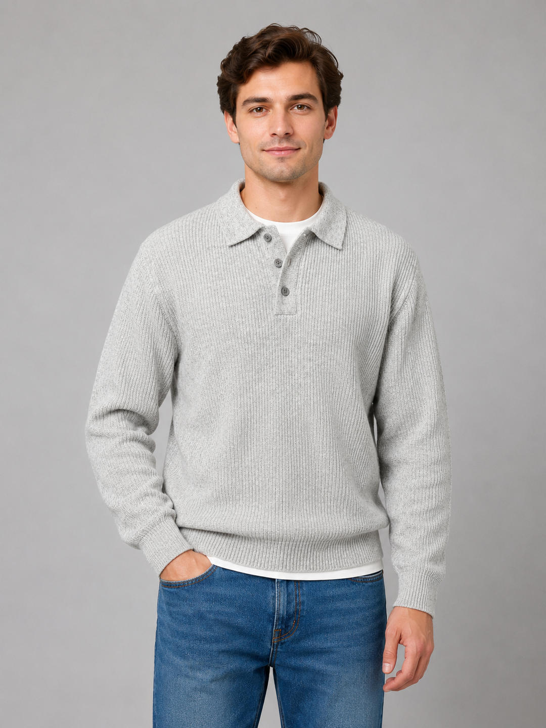 Lightweight Knit Polo Sweater for Men – Button Placket, Ribbed Cuffs, Medium Stretch