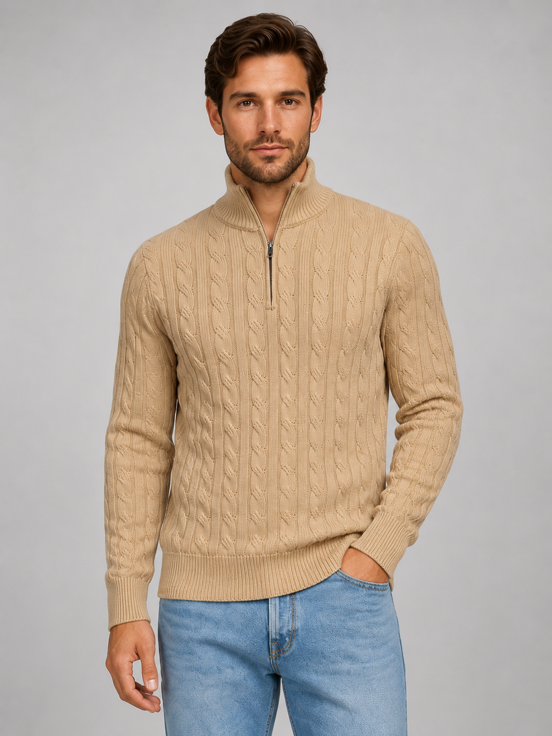 Cable Knit Quarter-Zip Sweater for Men – Funnel Neck, Ribbed Cuffs, Regular Fit