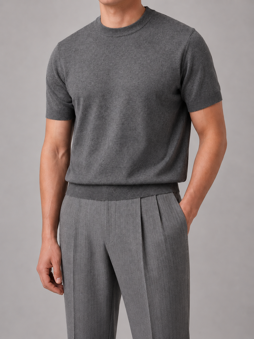 Fine Knit Short Sleeve Tee for Men – Crew Neck, Ribbed Cuffs and Hem, Viscose Blend