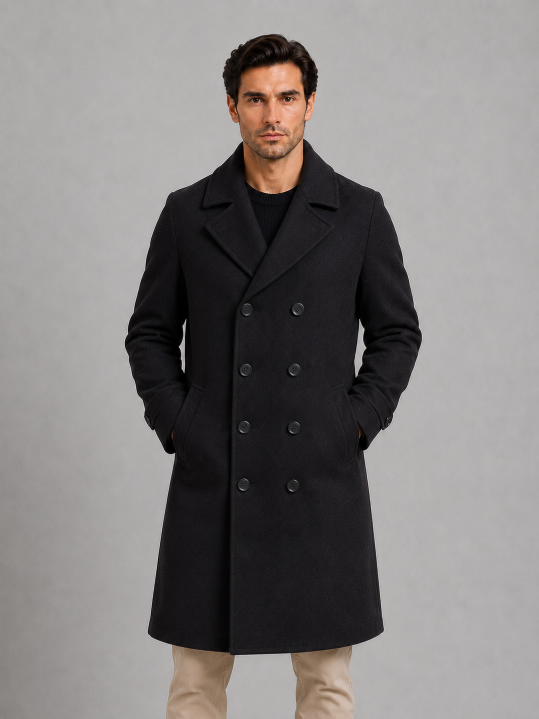 Double-Breasted Overcoat for Men – Wide Lapel, Fully Lined, Side Pockets