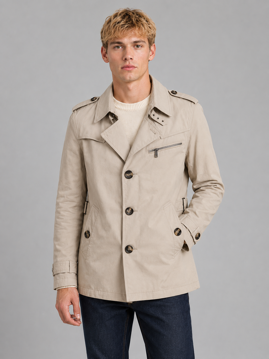 Double-Breasted Trench Coat for Men – Epaulettes, Waist Tabs, Zip Chest Pocket in Beige