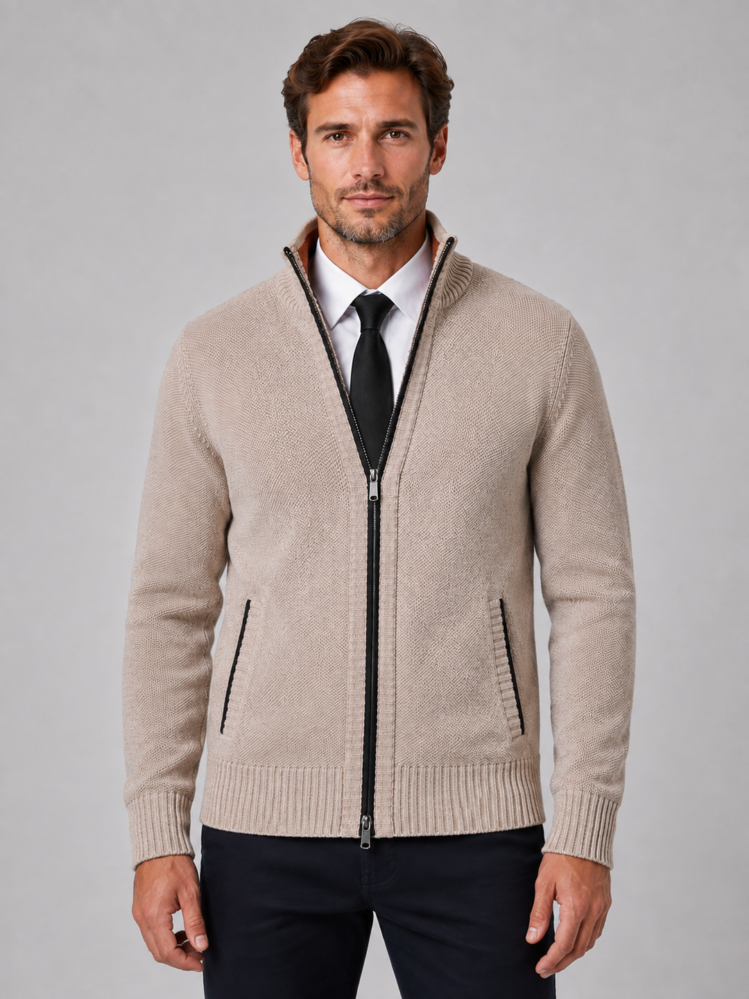 Funnel Neck Zip-Up Knit Sweater for Men – Contrast Trim, Zip Pockets
