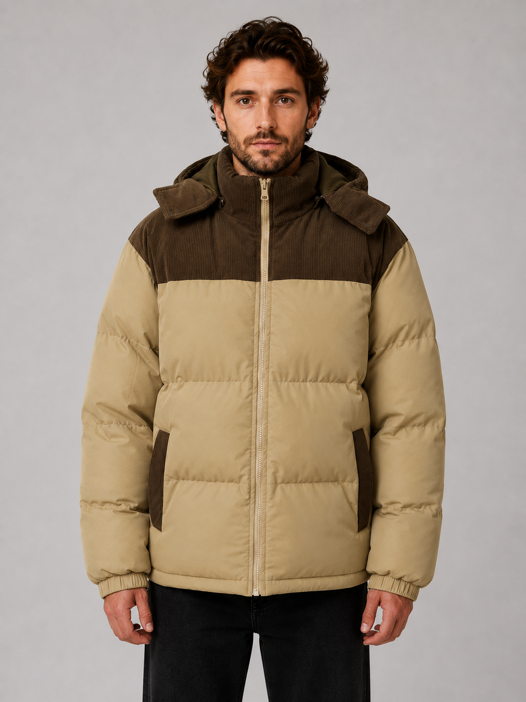 Quilted Puffer Jacket for Men – Detachable Hood, Corduroy Trim, Funnel Neck, Full Zip