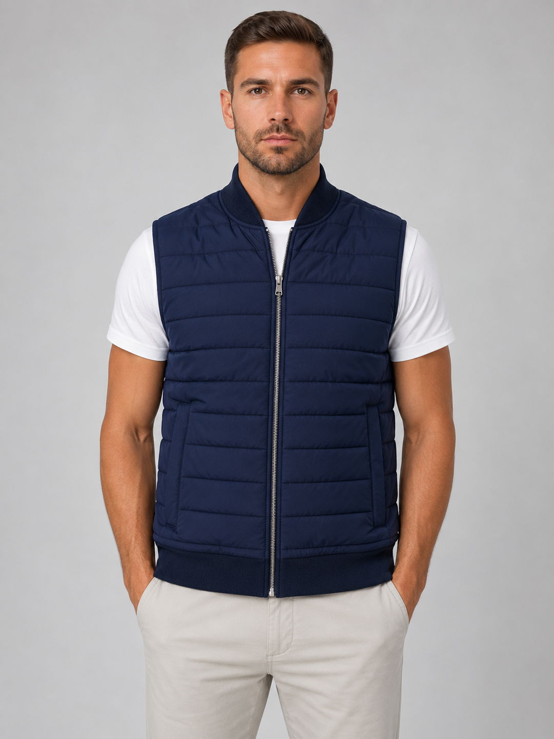 Quilted Full-Zip Vest for Men – Stand Collar, Side Pockets, Lightweight Padding