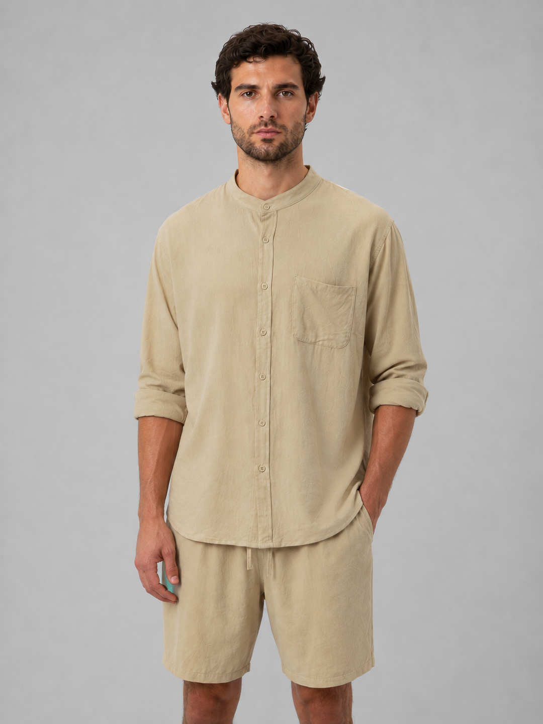 Linen-Look Shirt and Shorts Set for Men – Band Collar, Drawstring Waist, Two-Piece