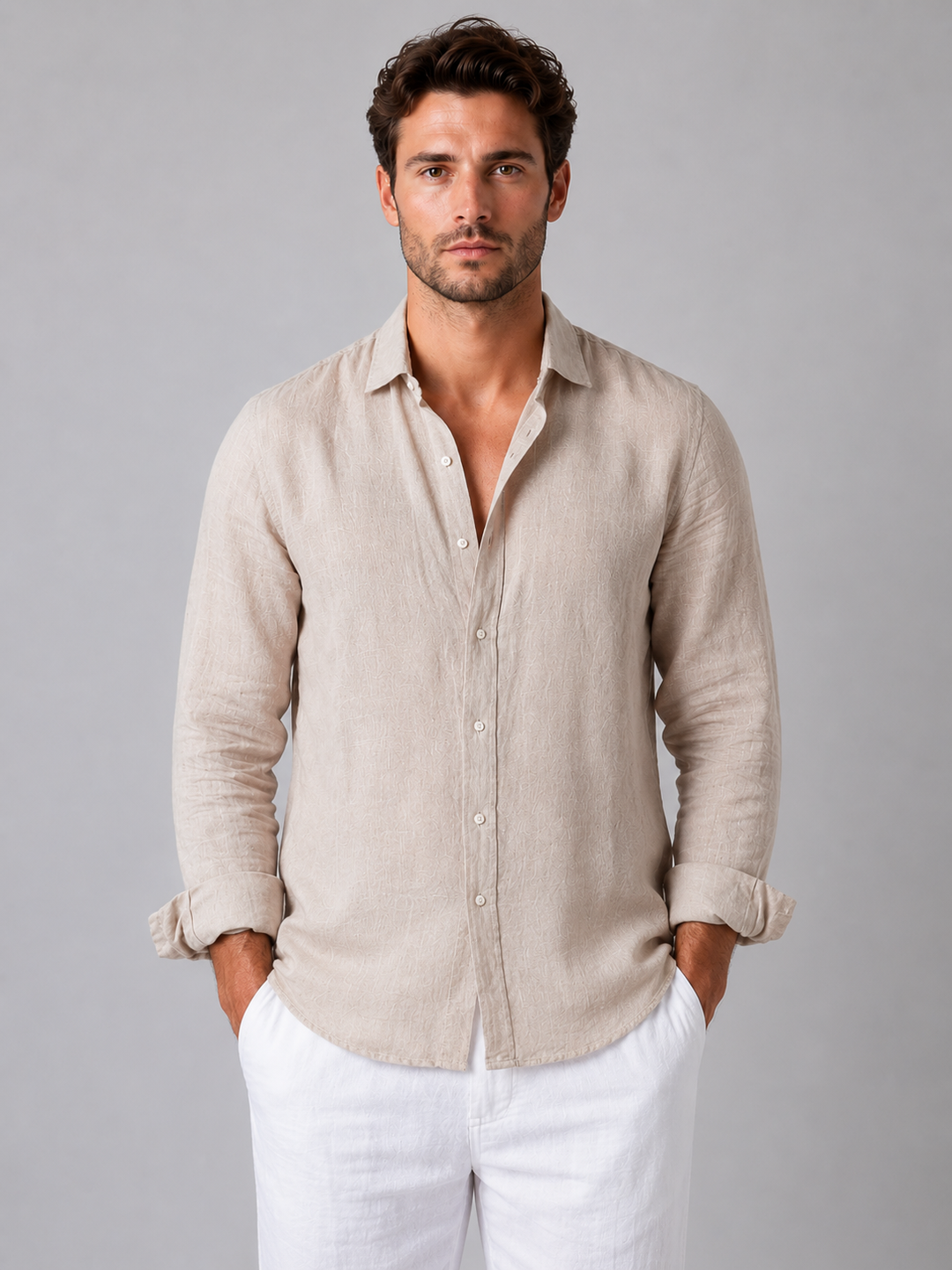 Linen Blend Button-Up Shirt for Men – Long Sleeves with Roll-Up Styling, Relaxed Fit