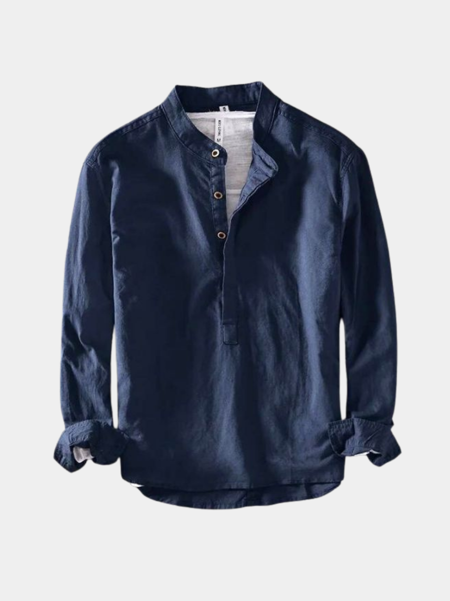 Linen-Look Roll-Neck Shirt for Men – Neat Placket, Structured Shoulders