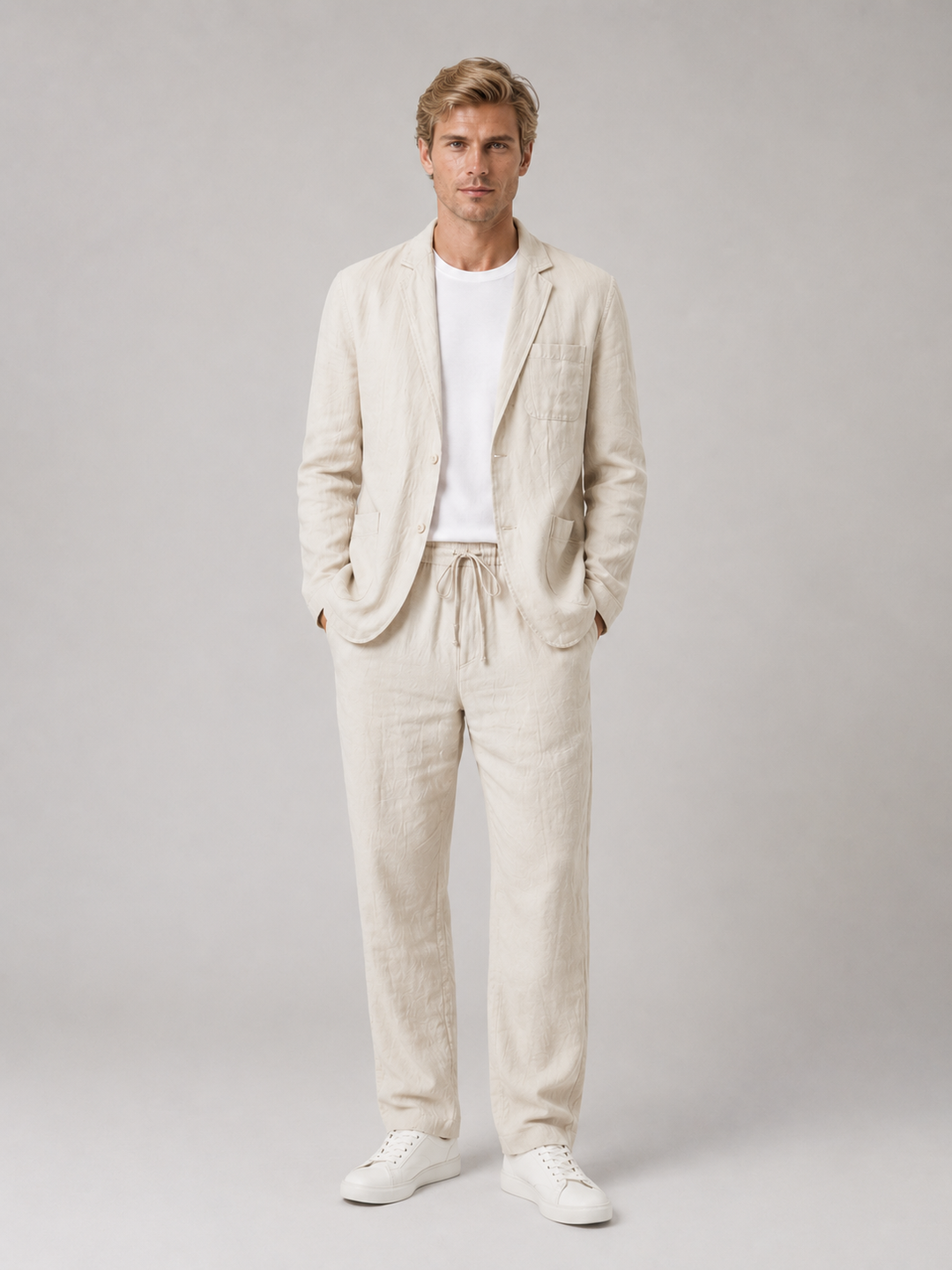Linen-Style Blazer and Drawstring Pants Set for Men – Cotton-Linen Blend, Relaxed Fit