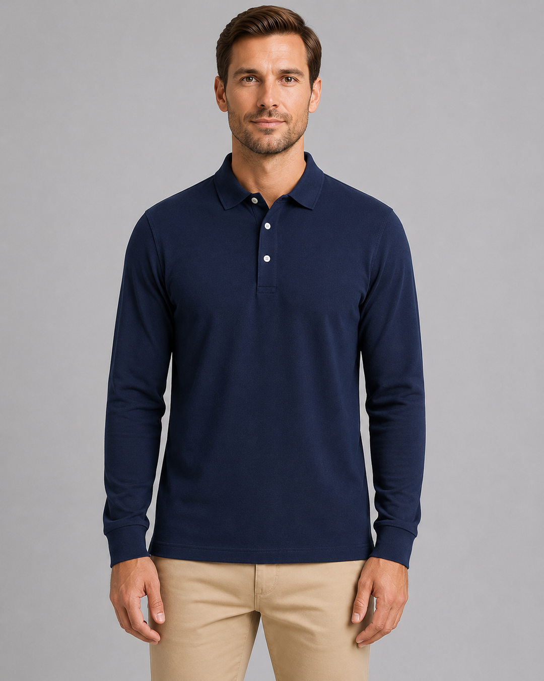 Long Sleeve Jersey Polo Shirt for Men – Button Placket, Ribbed Cuffs, Side Vents