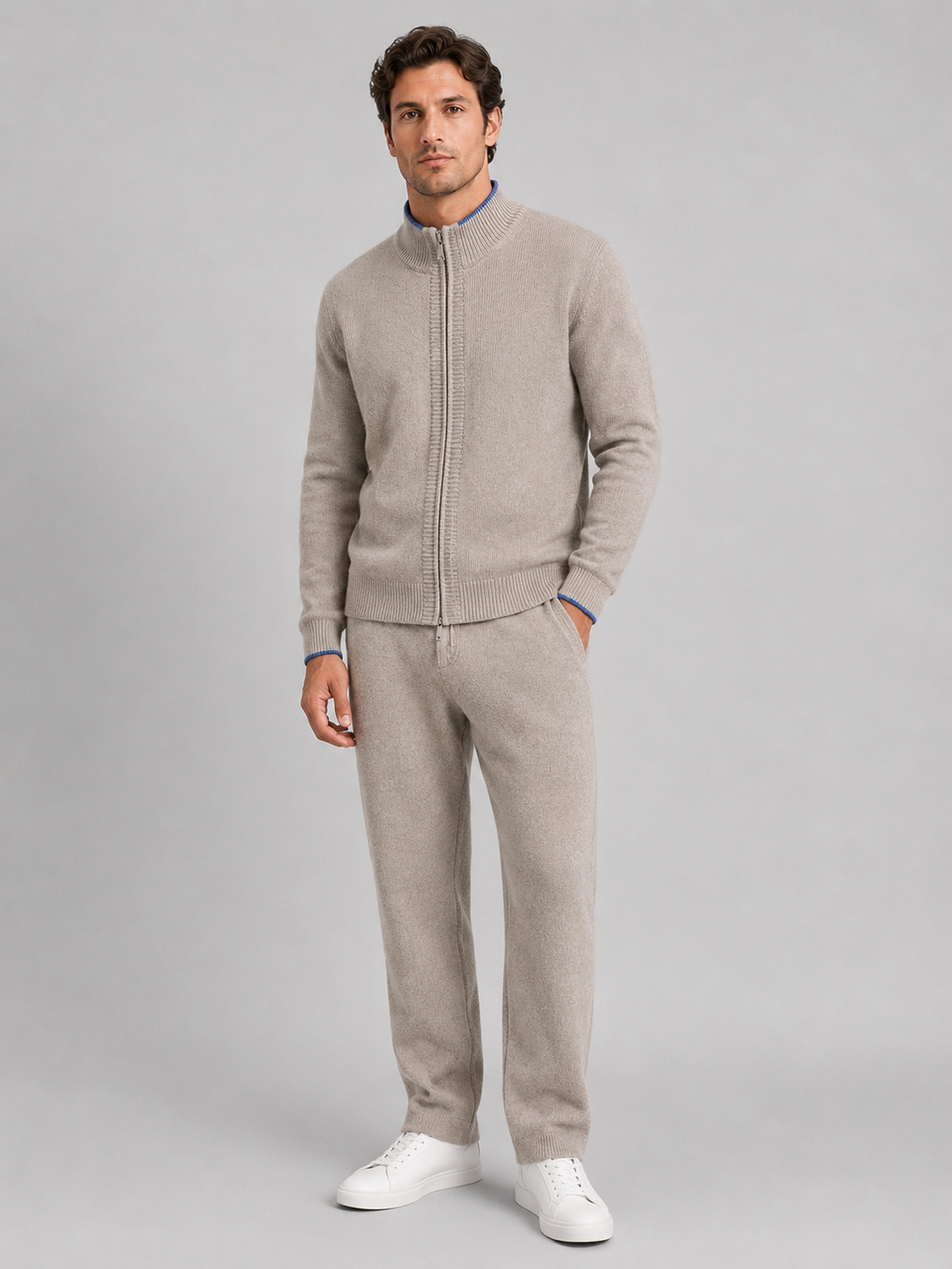 Merino-Blend Knit Cardigan and Pants Lounge Set for Men – Full Zip, Ribbed Collar in Gray Marl