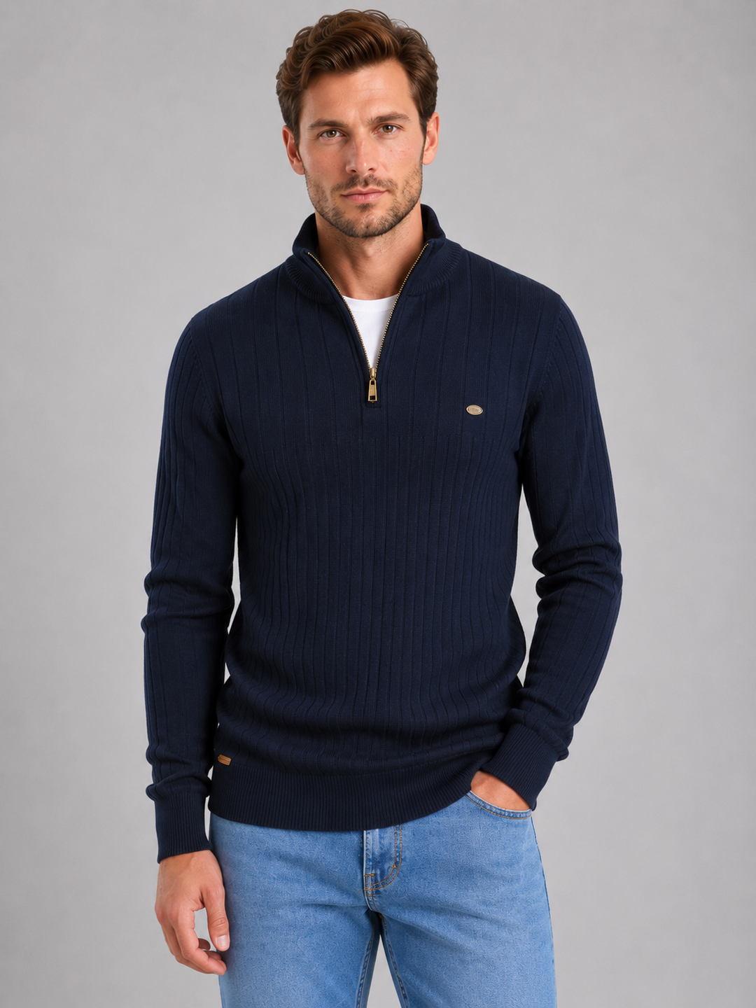 Cotton-Rich Ribbed Quarter-Zip Sweater for Men – Funnel Neck, Regular Fit