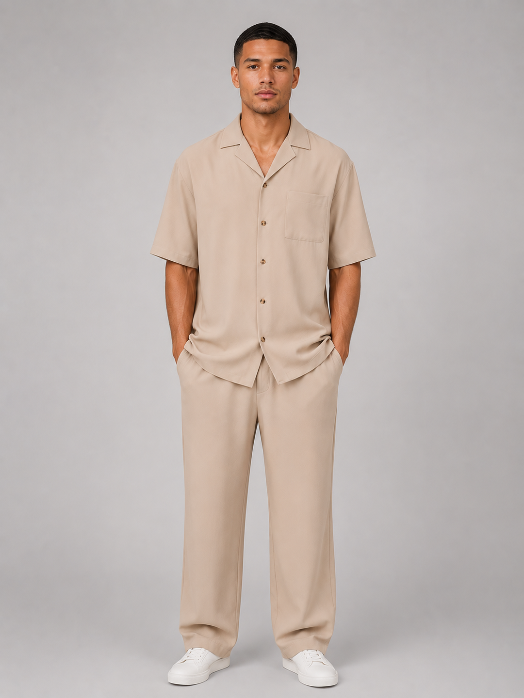 Short Sleeve Shirt and Drawstring Pants Set for Men – Open Collar, Straight Legs
