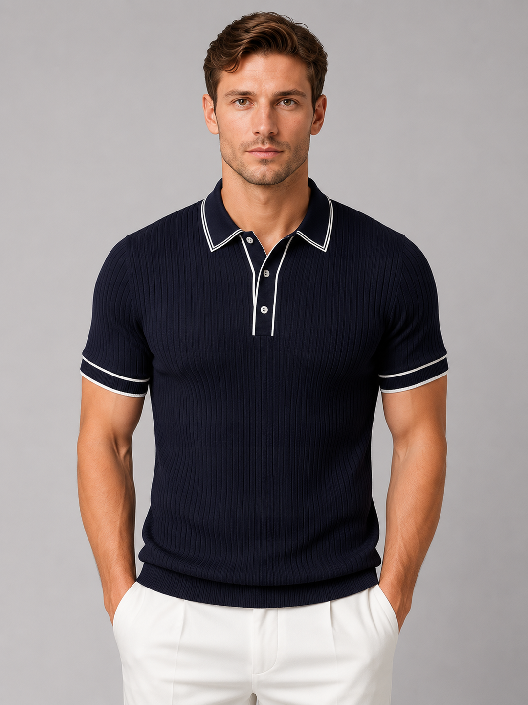 Ribbed Knit Polo for Men – Contrast Tipping, Three-Button Placket, Tailored Fit
