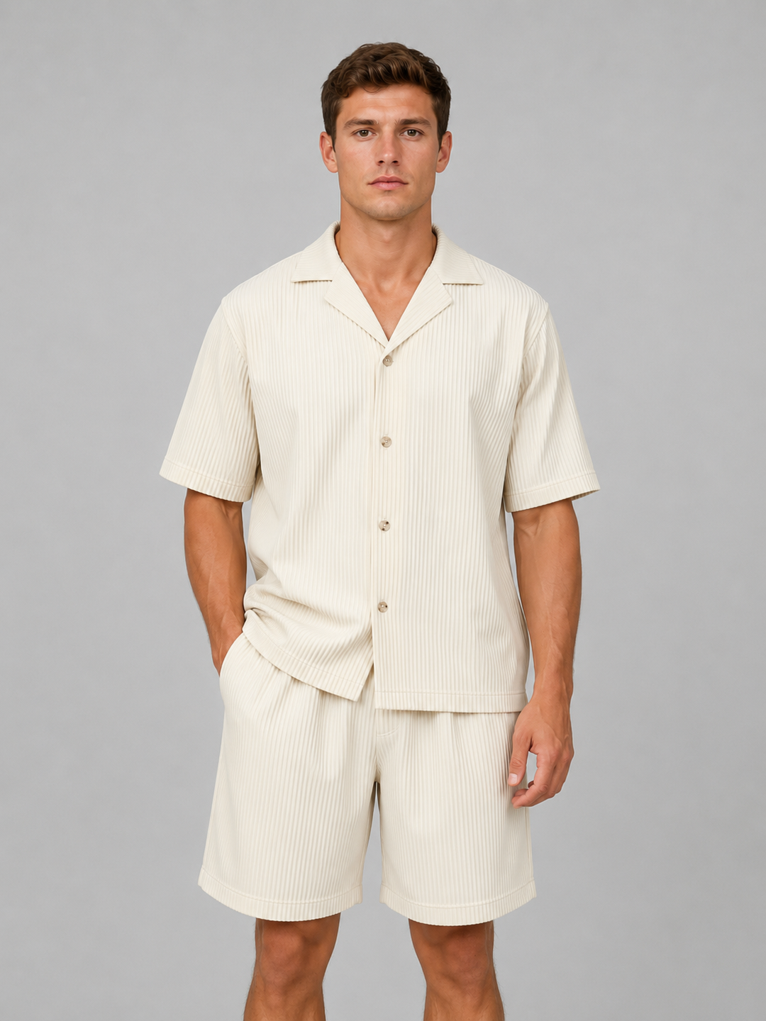 Ribbed Camp Collar Shirt and Shorts Set for Men – Button Front, Drawstring Waist
