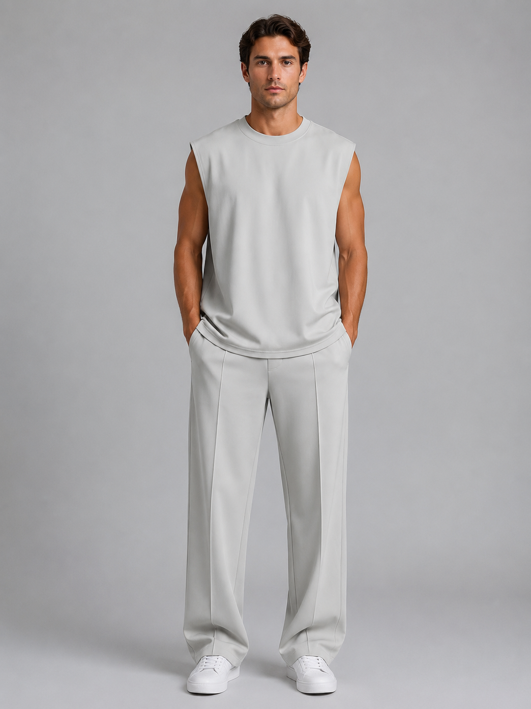 Sleeveless Tee and Jogger Set for Men – Crew Neck, Drawstring Waist, Side Pockets