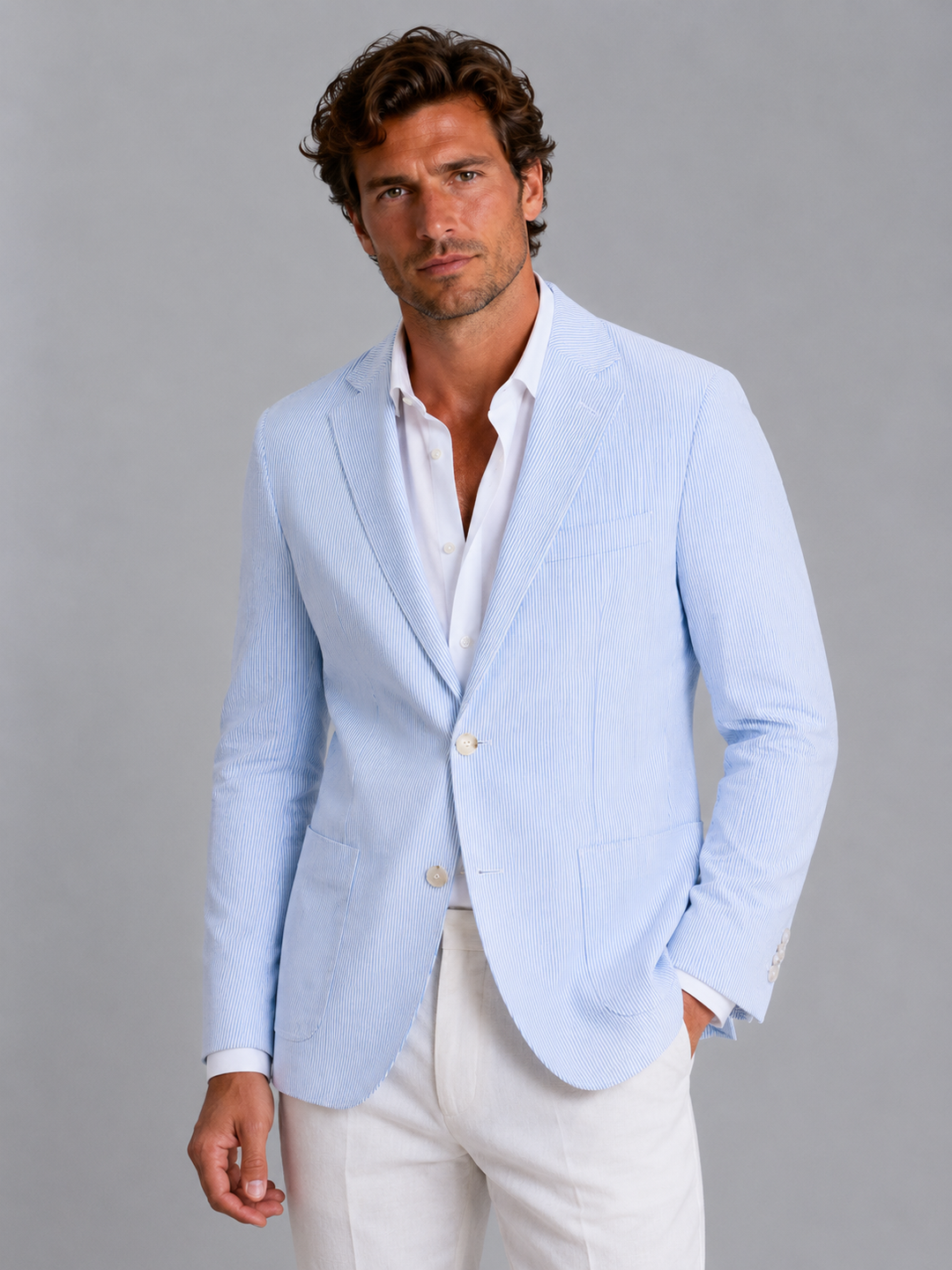 Seersucker-Style Striped Blazer for Men – Notch Lapel, Tailored Fit