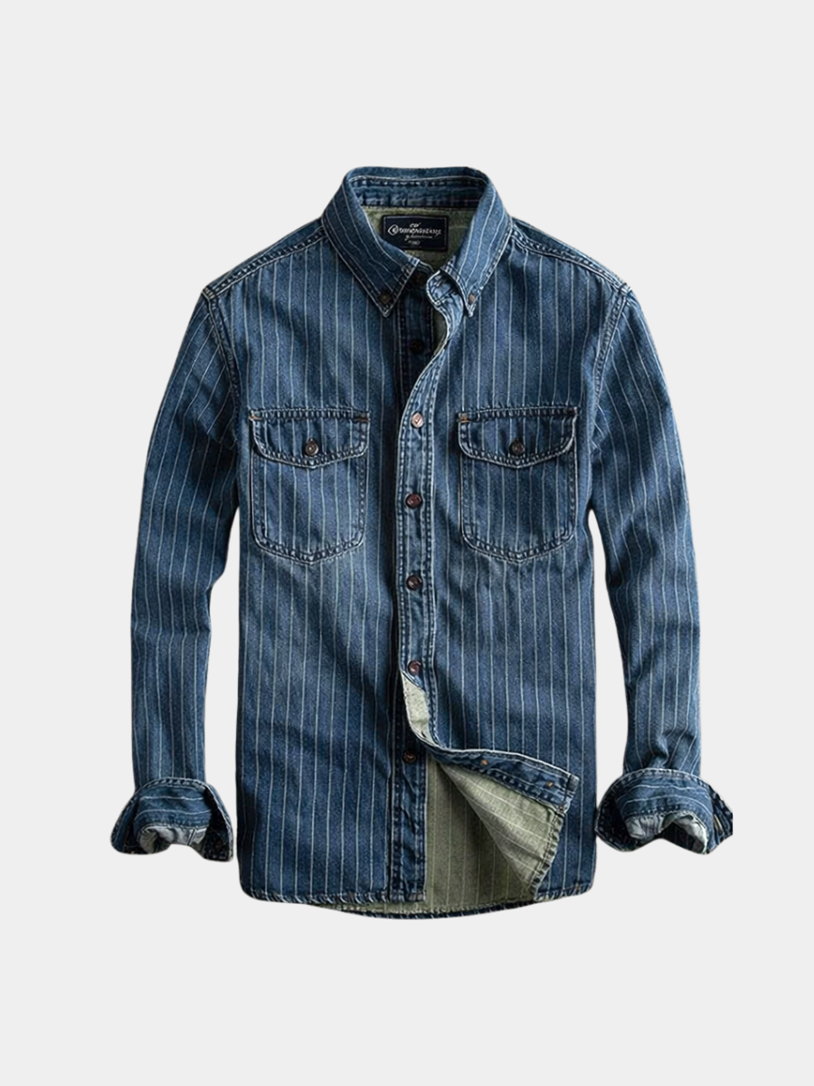 Striped Denim Shirt for Men – Cotton-Rich Fabric, Side Pockets, Neat Collar
