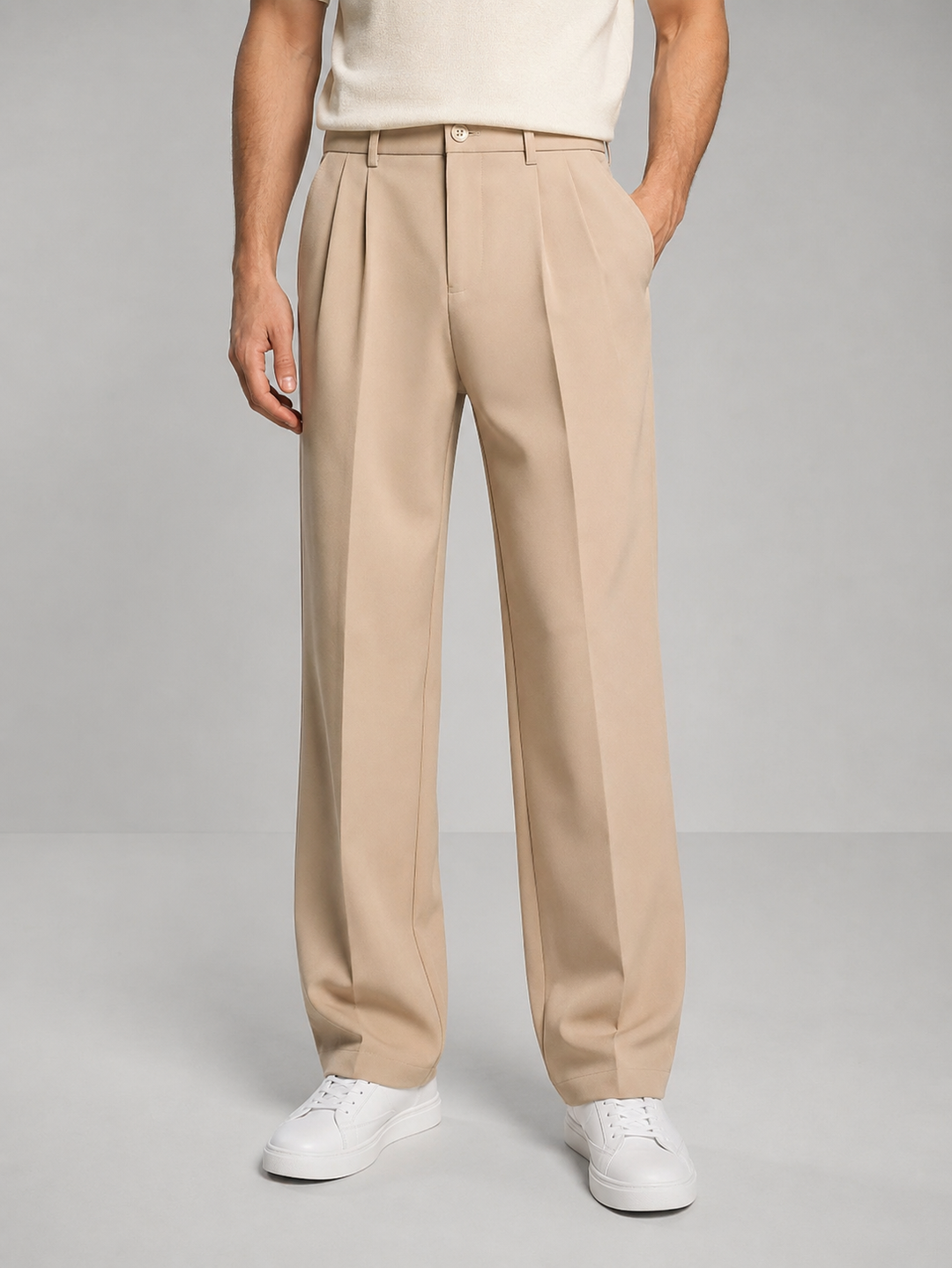 Straight-Leg Front Pleat Pants for Men – Structured Waistband, Smart Casual Fit