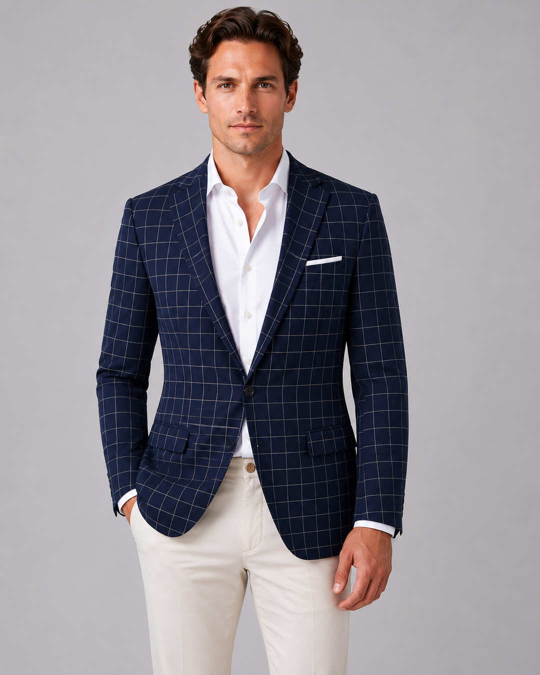 Windowpane Check Blazer for Men – Notch Lapels, Single Button, Fully Lined