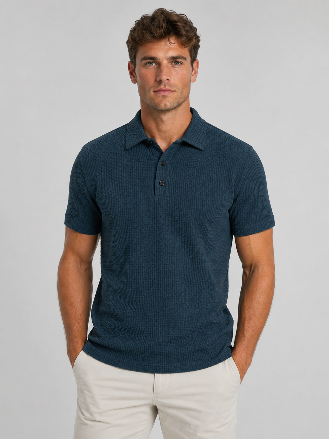Textured Knit Polo Shirt for Men – Button Placket, Tailored Fit, Short Sleeves
