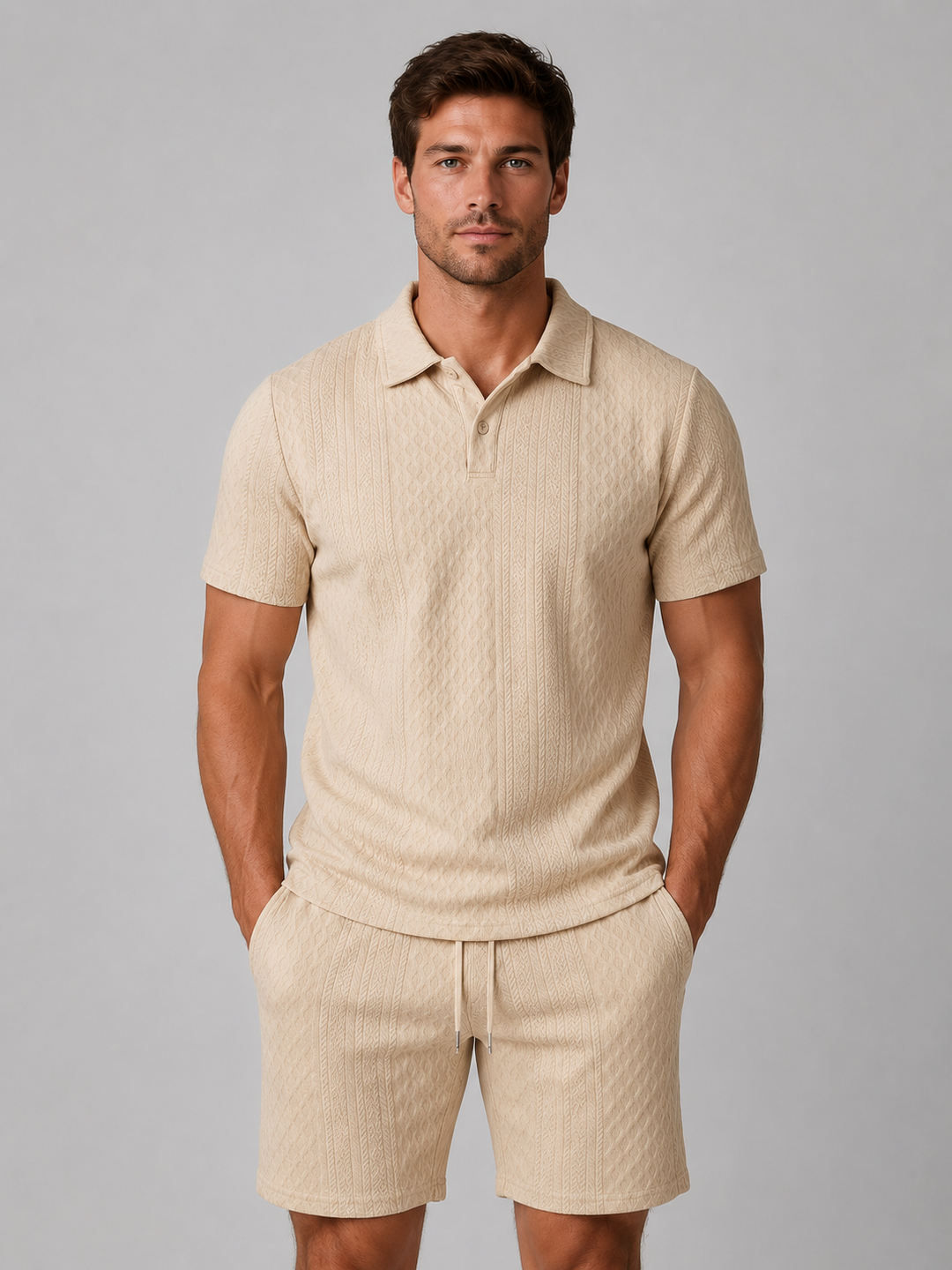 Matching Textured Polo and Shorts Set for Men – Button Placket, Drawstring Waist