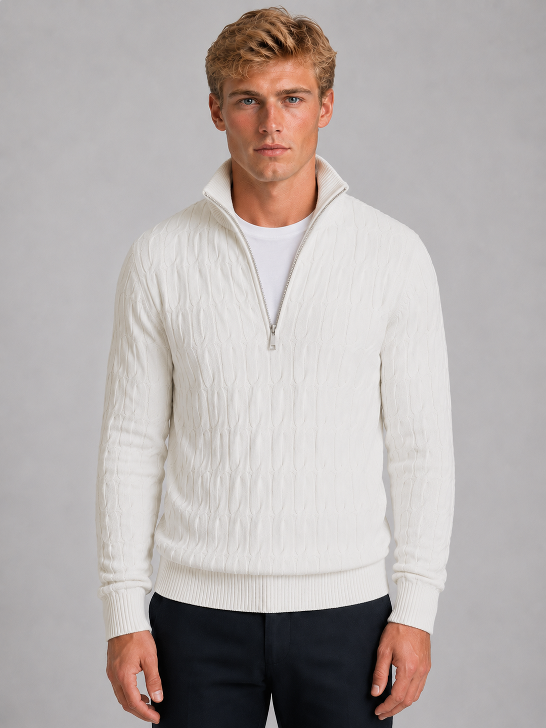 Textured Knit Quarter-Zip Sweater for Men – Modern Funnel Neck, Ribbed Hem