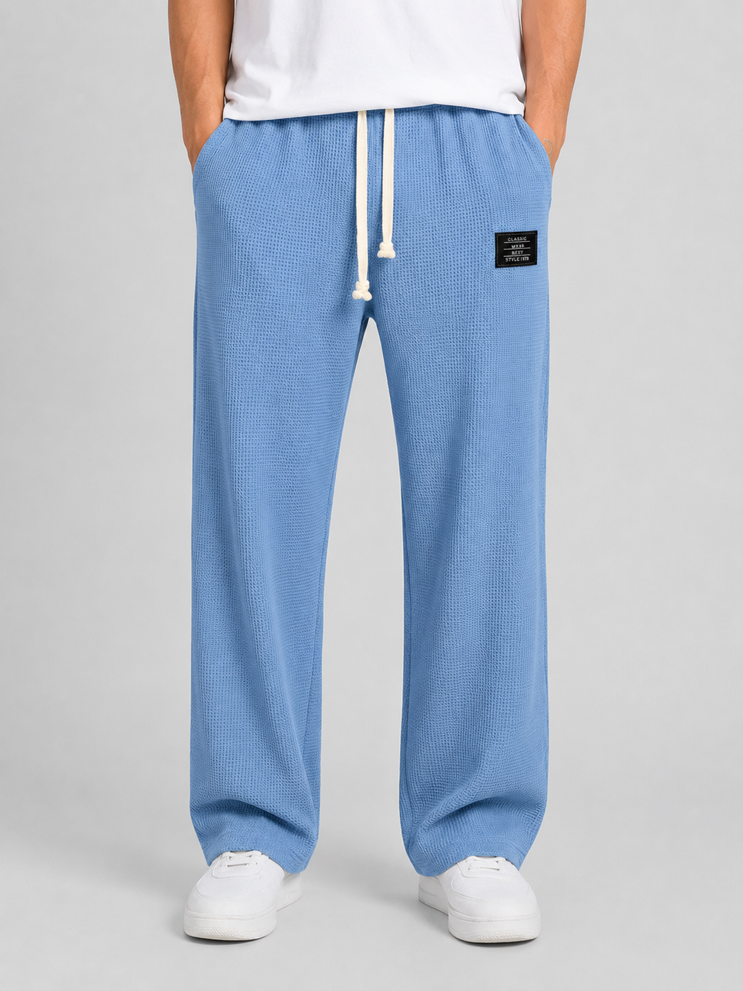 Textured Waffle Knit Lounge Pants for Men – Elastic Drawstring Waist, Side Pockets