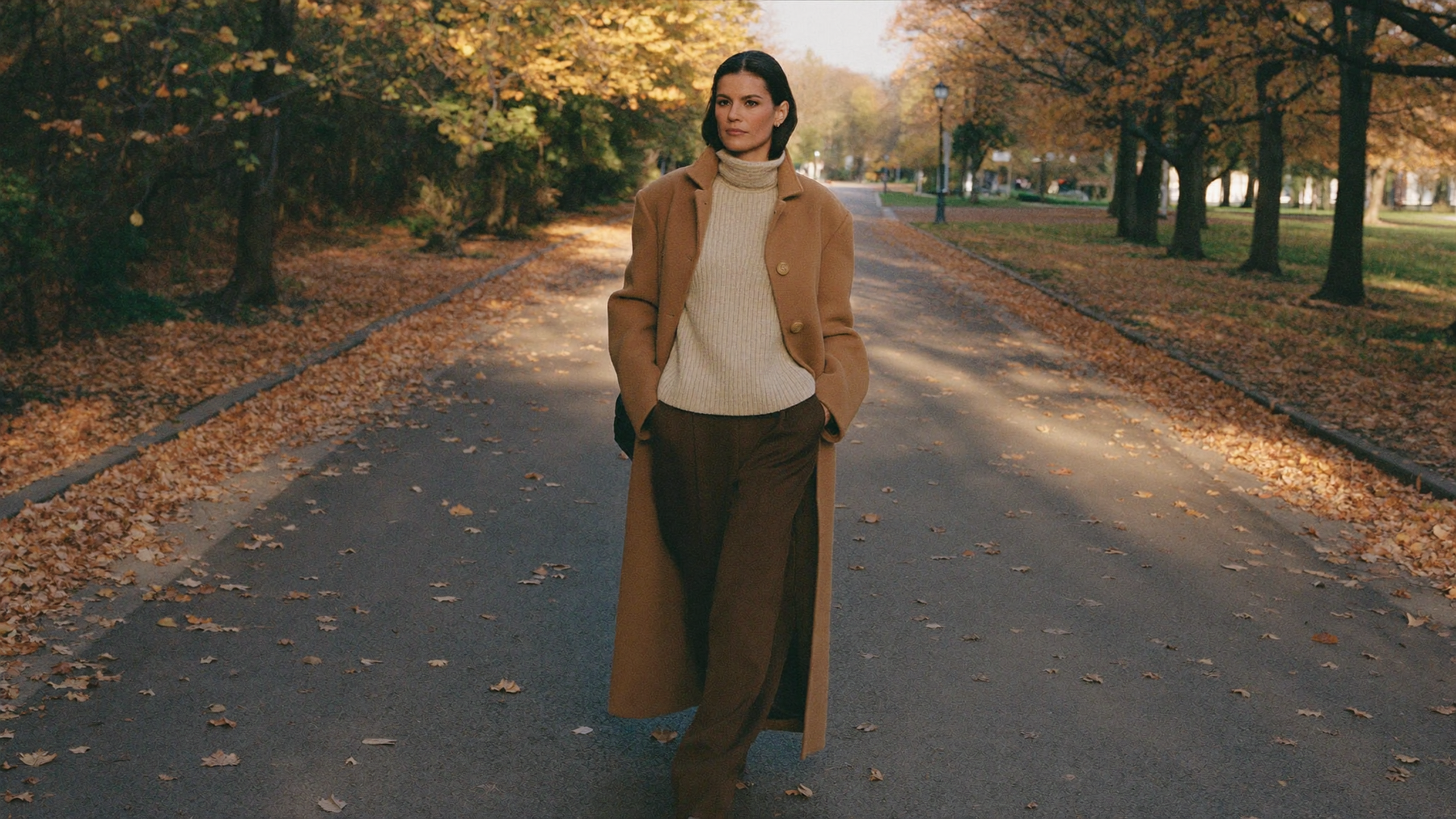 Woman in a camel wool coat and cream knit walking on an autumn street