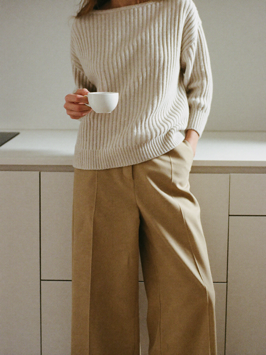 Ribbed knit sweater and wide-leg pants