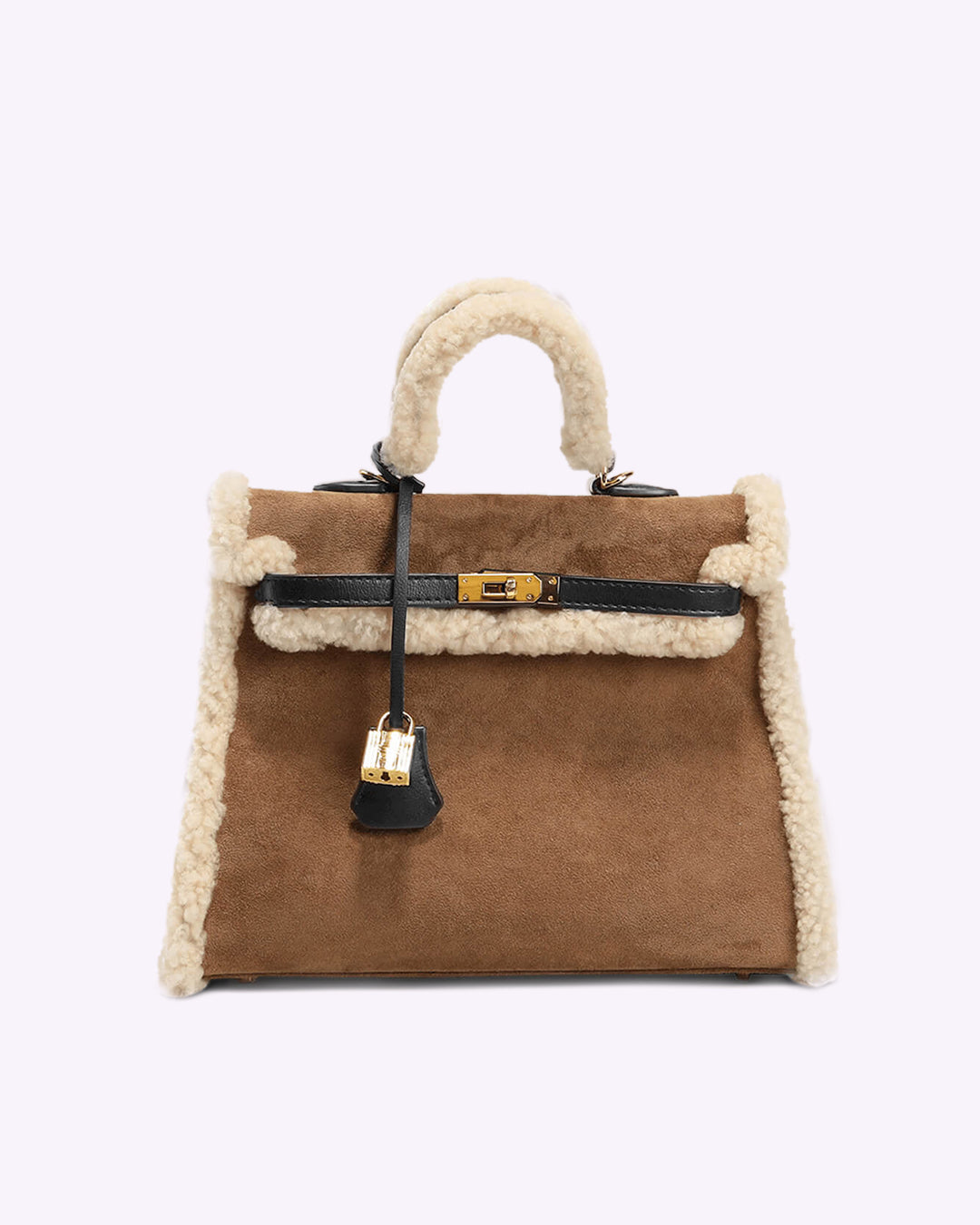Suede-Look Tote Bag – Gold-Tone Finish, Leather-Look Details in Light Brown