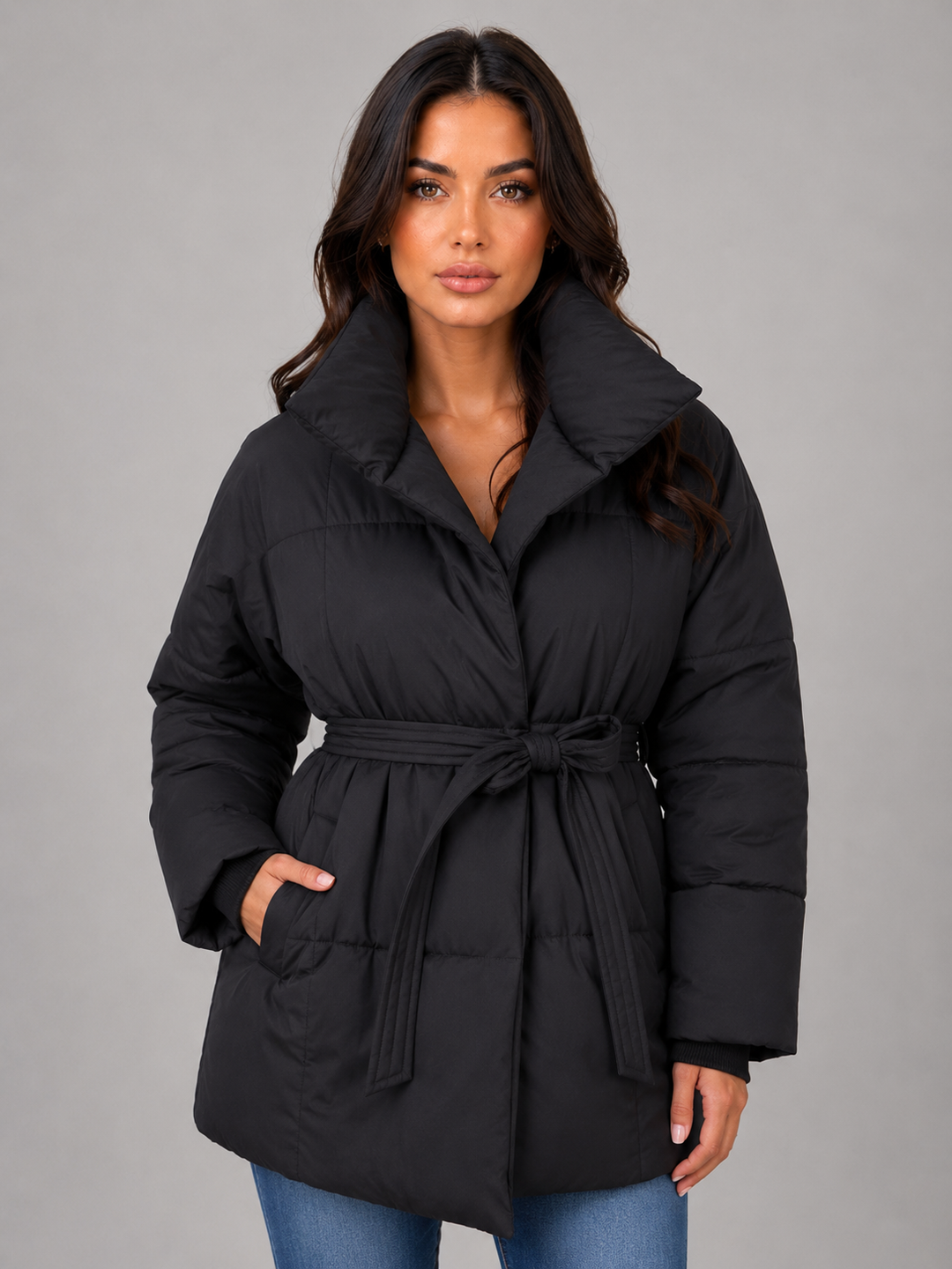 Hip-Length Belted Puffer Jacket for Women – Oversized High Collar, Side Pockets