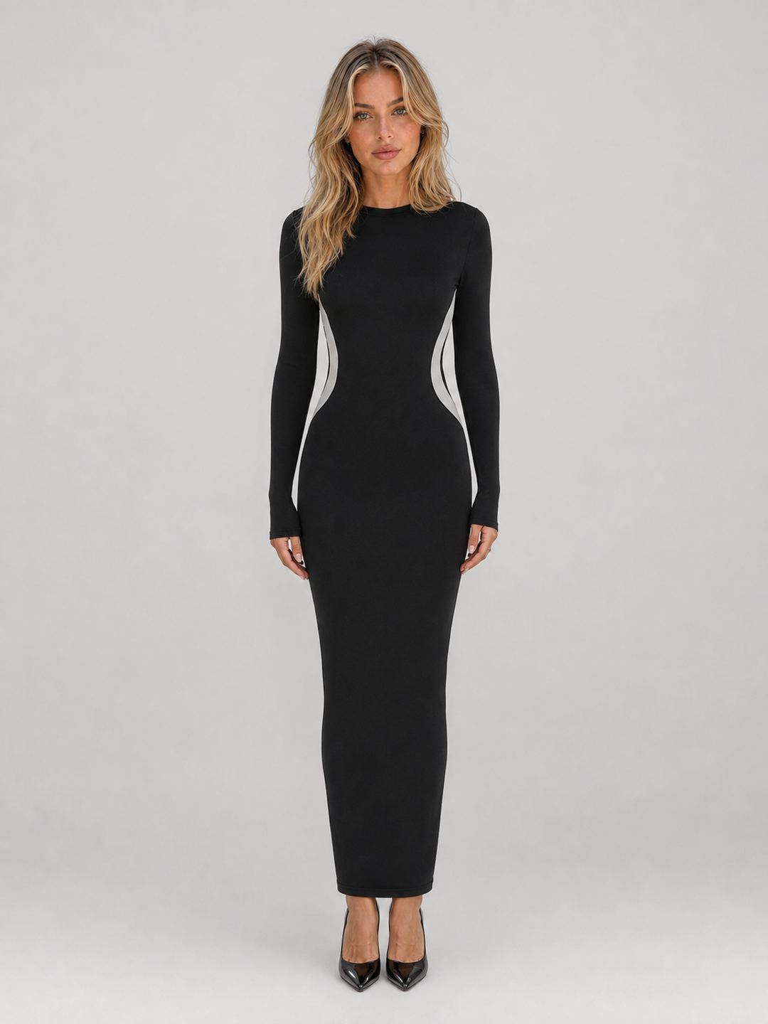 Black Slim-Fit Maxi Dress for Women – Long Sleeves, Curved Side Cut-Outs, Round Neck