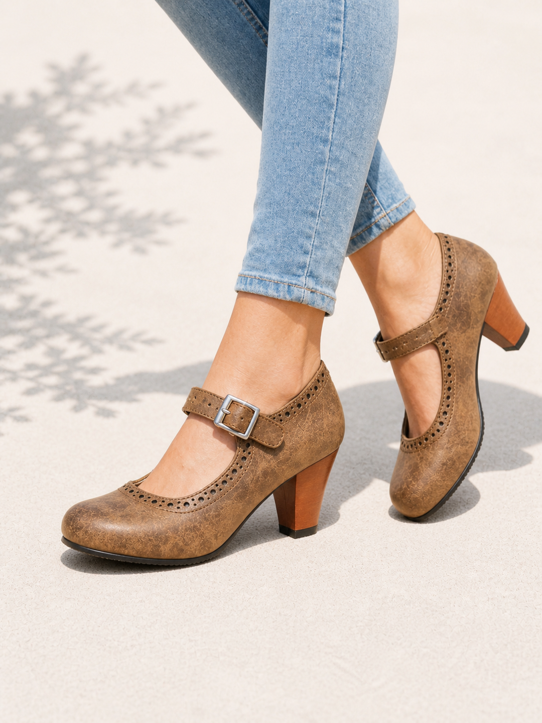 Brogue Mary Jane Shoes for Women – Mid Block Heel, Adjustable Strap, Cushioned Interior