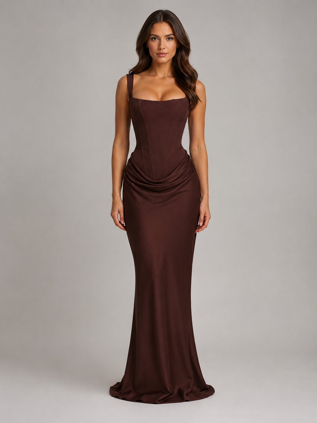 Bodycon Corset-Style Maxi Dress for Women – Square Neck, Draped Waist, Sleeveless