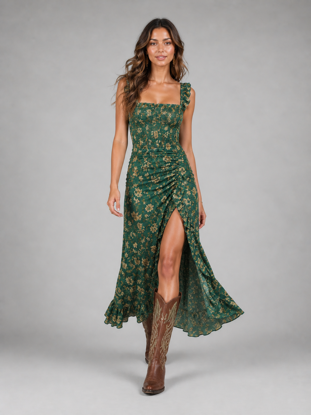 Flowy Floral Maxi Dress for Women – Soft Print, Side Slit, Relaxed Shape in Green