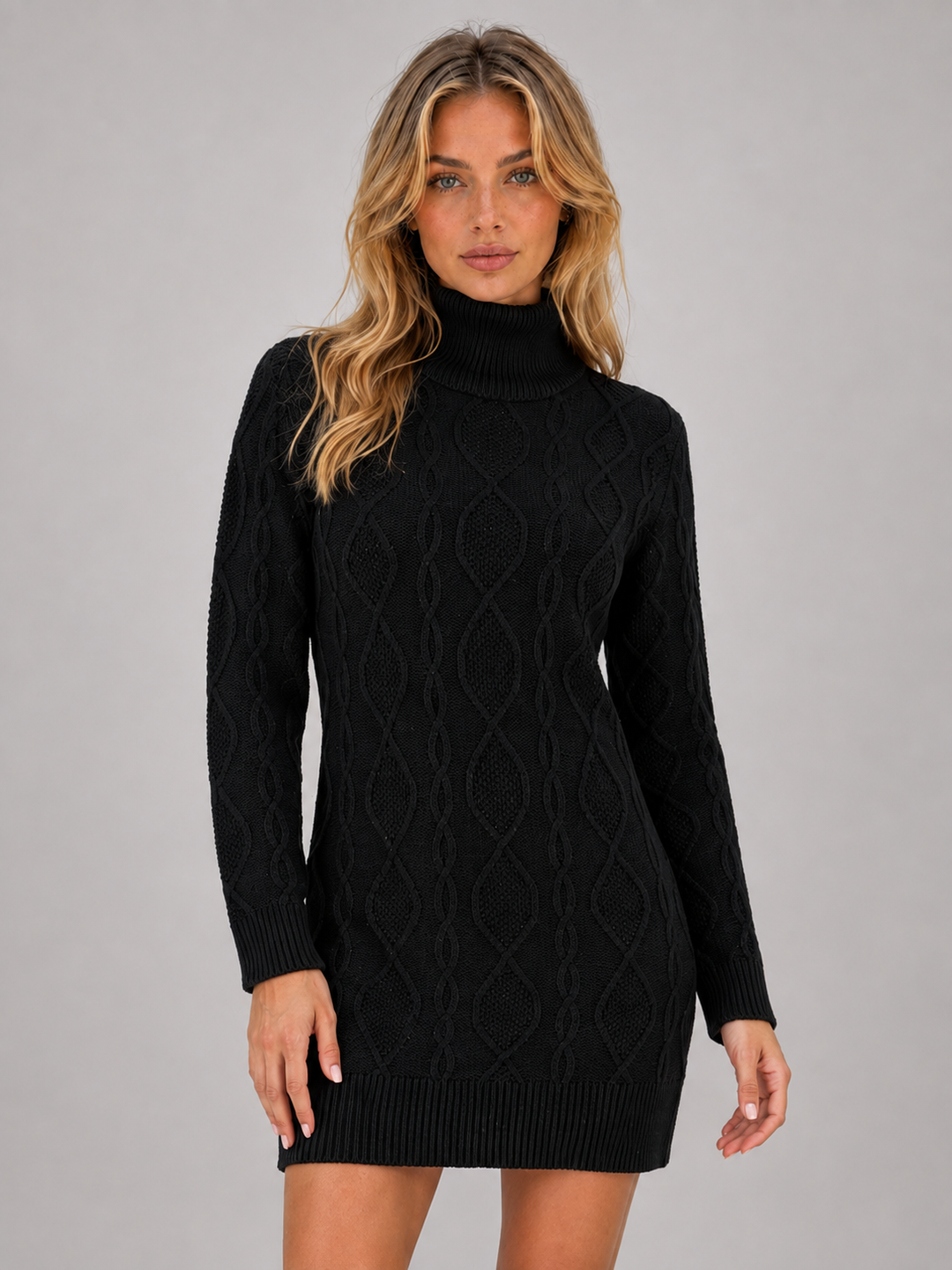 Roll Neck Cable Knit Dress for Women – Above-the-Knee Length, Ribbed Cuffs and Hem