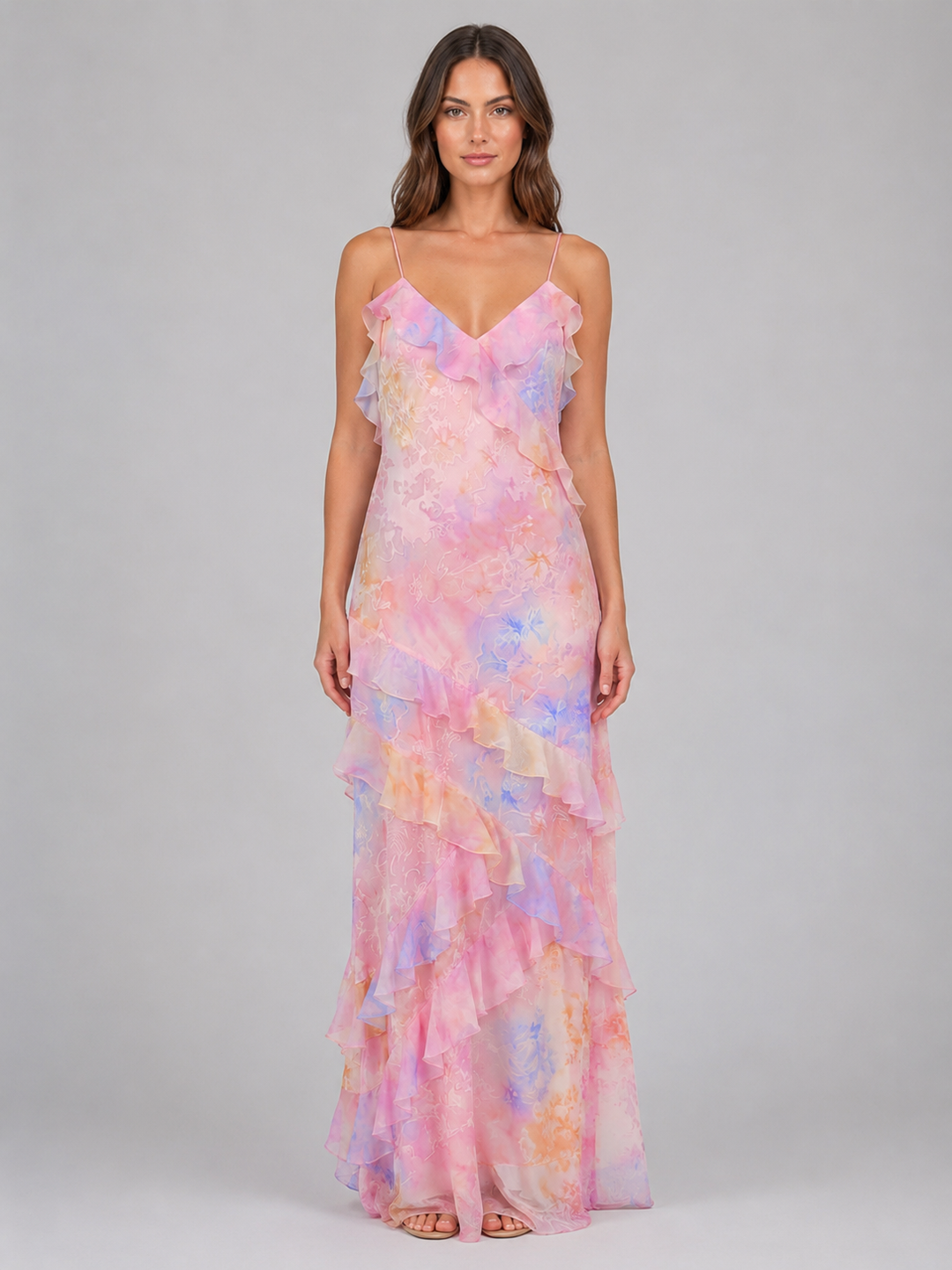 Pastel Floral Ruffle Maxi Dress for Women – V-Neckline, Delicate Straps, Cascading Ruffles