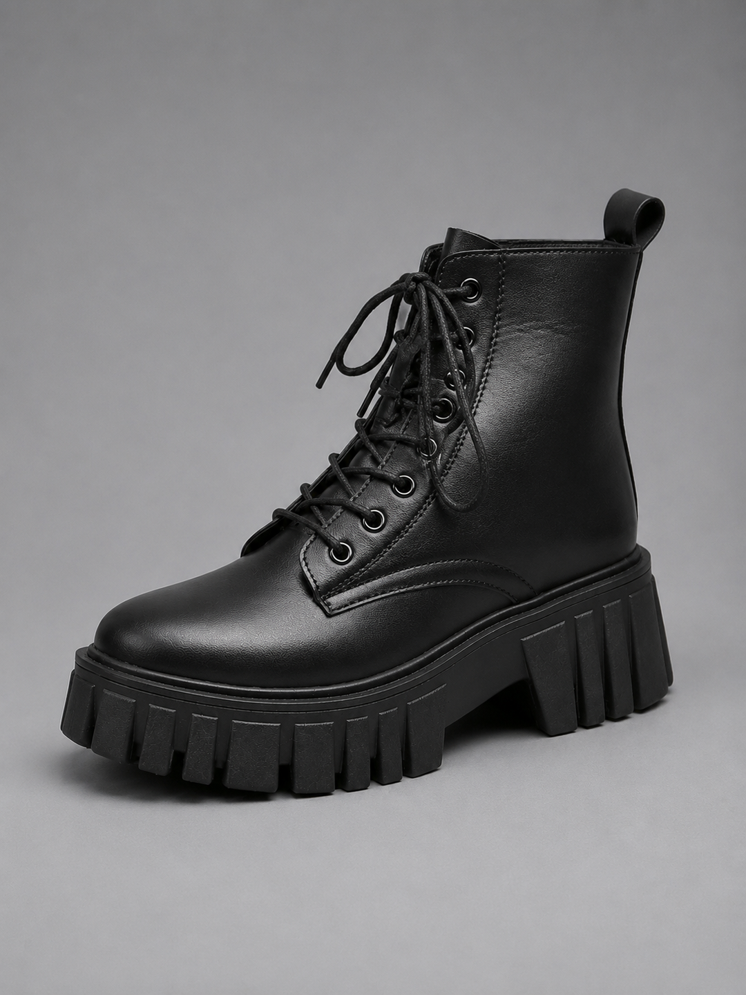 Faux Leather Lace-Up Platform Ankle Boots for Women – Chunky Sole, Deep Tread